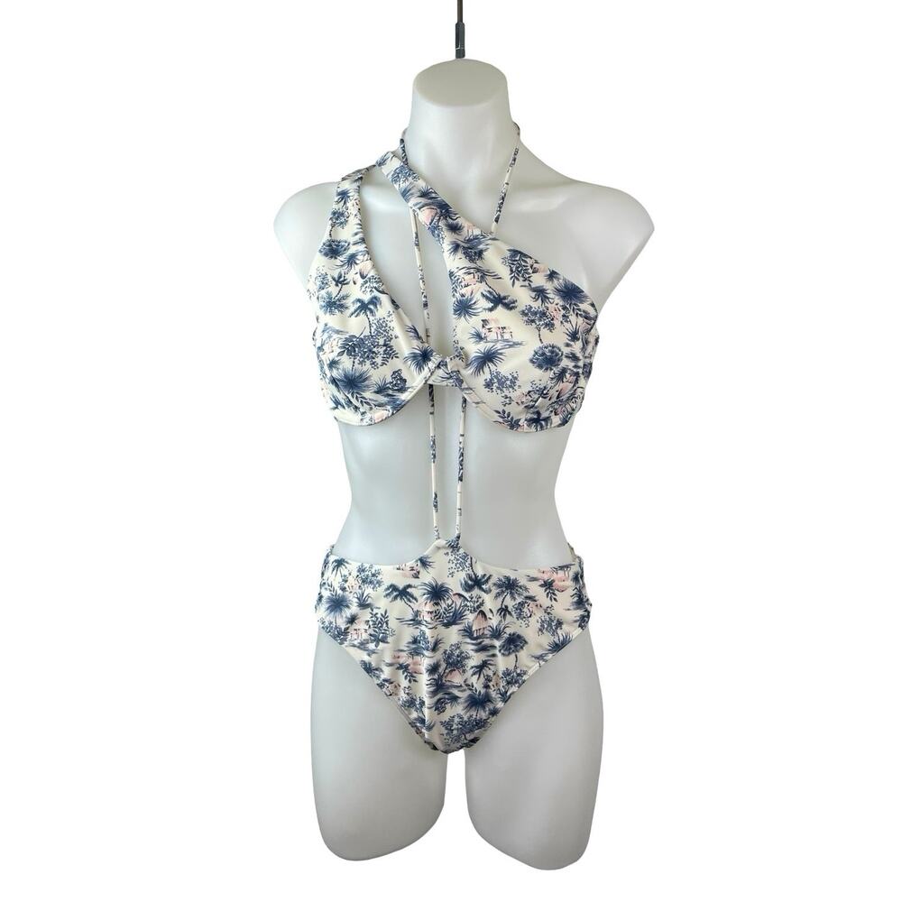Abercrombie & Fitch White Blue Floral One Shoulder 2 Pc Bikini Set Swimwear Sz M